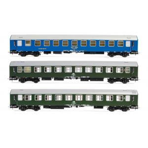 Rivarossi HR4308 DR/BDZ, 3-tlg. "Pannonia Express" Wagenset, 1 x B + 1 x Bc + 1 x WLAB, mit blau & grüner Lackierung, Ep. IV Spur H0