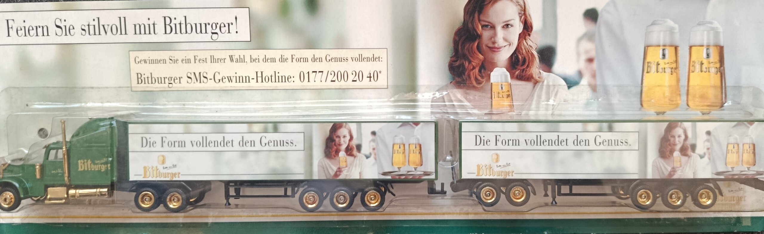 Grell Bitburger Werbetruck GIGALINER – US-Sattelzug mit Anhänger – “Die Form vollendet den Genuss” – OVP von 2003